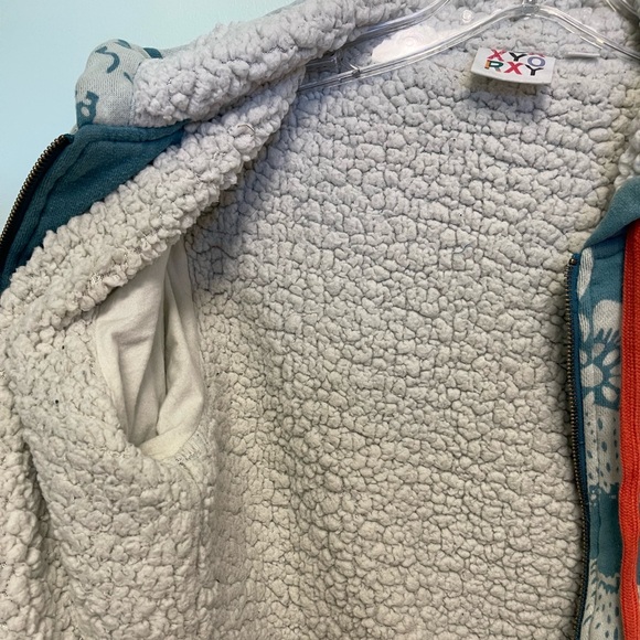 Roxy Teal Floral Sherpa-Lined Hoodie with Orange Drawstrings - Picture 7 of 10